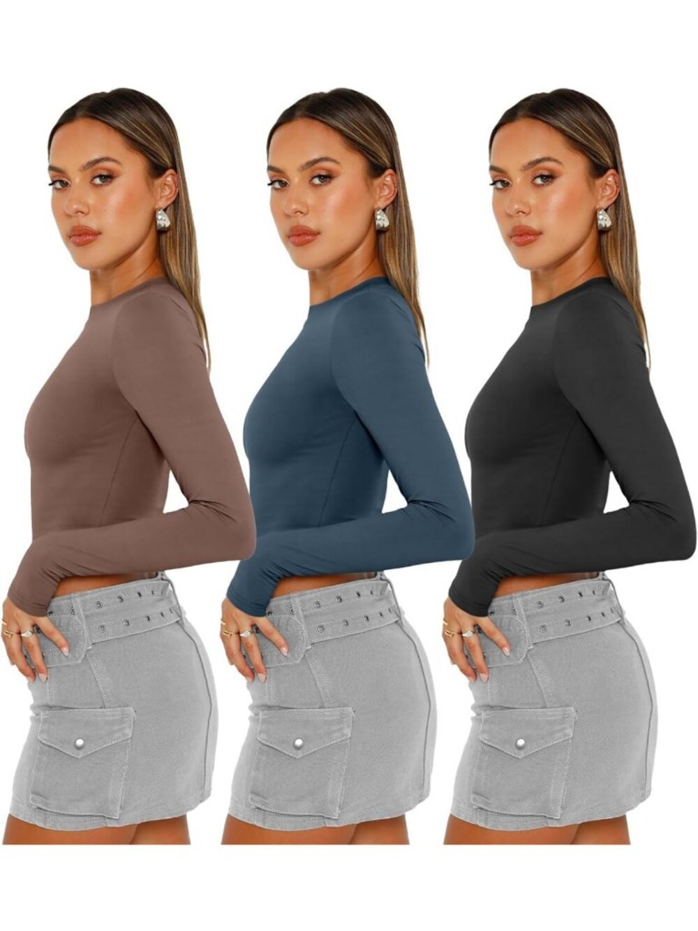 Cute Y2K Long Sleeve Crop Tops - 3 Pack Women's Gym Essentials, Stylish Basics - Picture 3 of 4